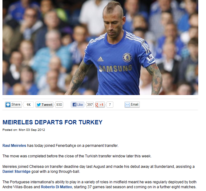 Câu lạc bộ Chelsea đã chính thức thông báo Meireles chính thức hoàn tất hợp đồng gia nhập Fenerbahce...